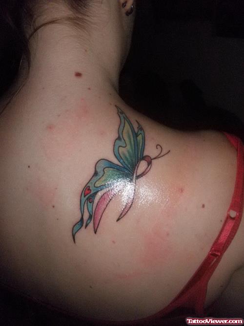 Butterfly Ribbon Breast Cancer Tattoo On Back