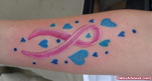 Blue Hearts And Pink Ribbon Cancer Tattoo