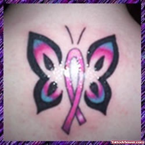 Awesome Colored Breast Cancer Tattoo On Back