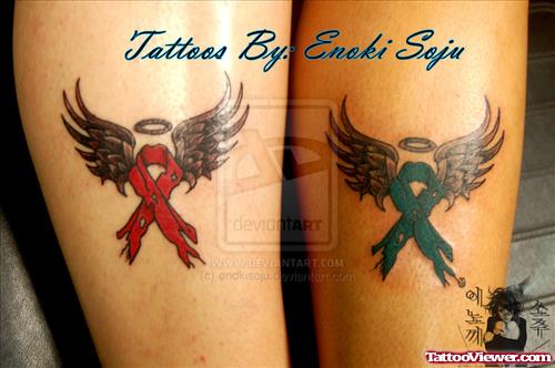 Angel Winged Red And Green Ribbons Cancer Tattoo