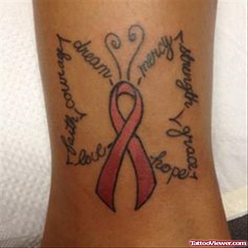 Lettering Words And Ribbon Cancer Tattoo