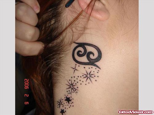 Black Ink Cancer Tattoo On Side Neck