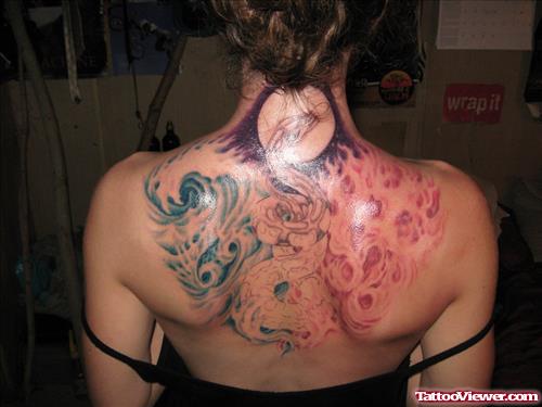 Snake And Cancer Tattoos On Girl BAck Body