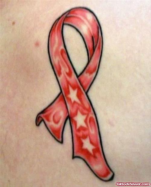 Red Ribbon And Stars Cancer Tattoo