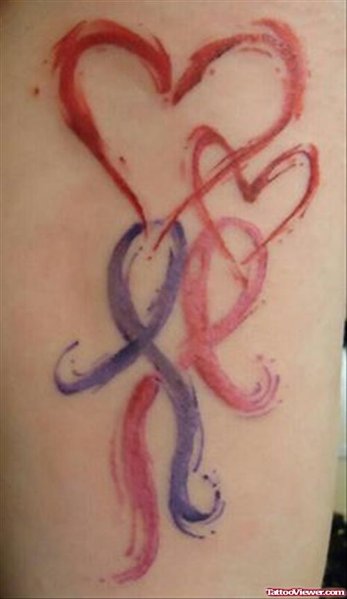Red Hearts And Ribbon Breast Cancer Tattoos