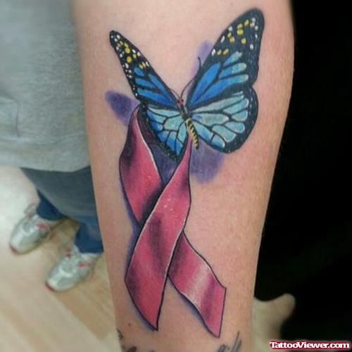 Butterfly And Red Ribbon Cancer Tattoo On Sleeve