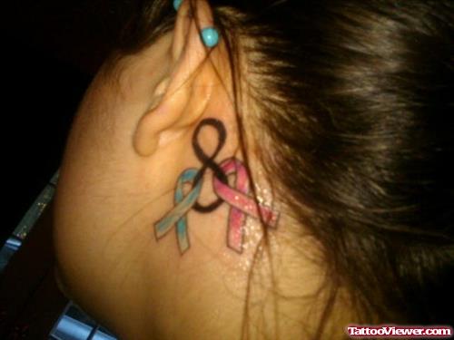 Blue And Red Ribbon Cancer Tattoo On Side Neck