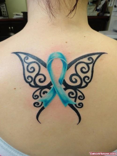 Tribal Buitterfly And Cancer Tattoo on Back
