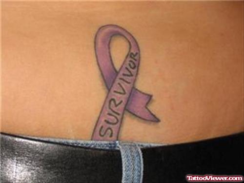 Survivor Cancer Ribbon Tattoo On Lowerback