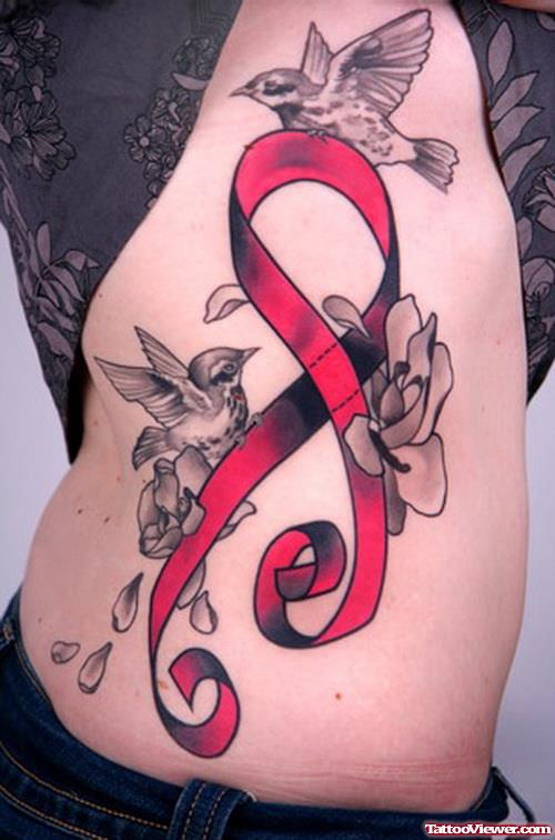 Grey Ink Rose And Birds Ribbon Cancer Tattoo On Side Rib