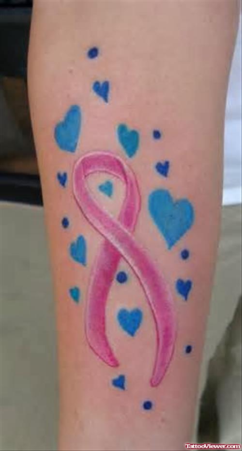 Attractive Blue Hearts And Pink Ribbon Cancer Tattoo