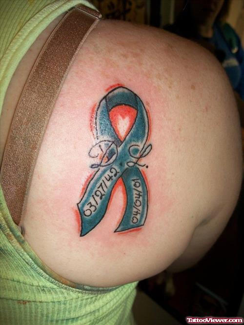 Memorial Ribbon Cancer Tattoo On Right Back Shoulder