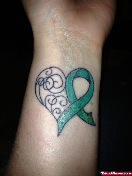 Green Ribbon Cancer Tattoo On Left Forearm