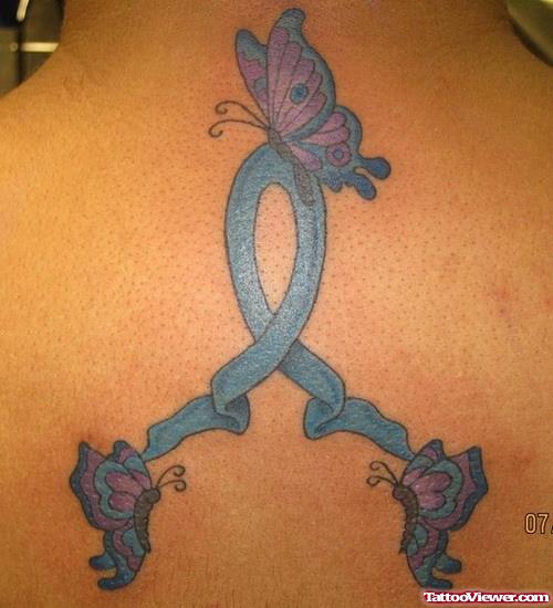 Flying Butterflies And Blue Ribbon Cancer Tattoo
