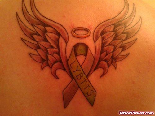 Angel Winged Ribbon Cancer Tattoo