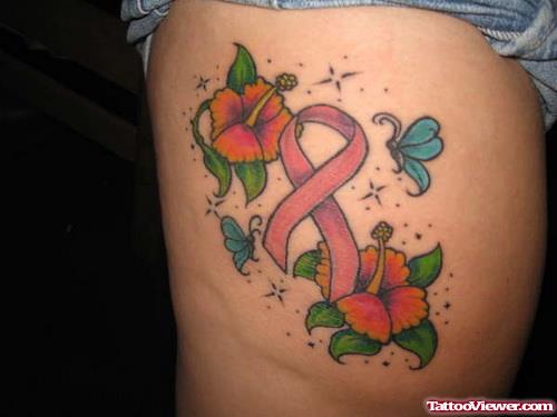 Flowers And Breast Cancer Ribbon Tattoo