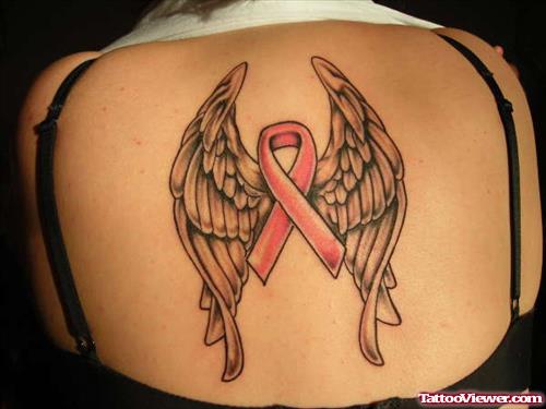 Angel Winged Ribbon Breast Cancer Tattoo On Back