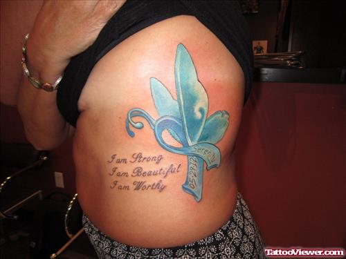 I Am Strong I am Beautiful I Am Worthy Ribbon Cancer Tattoo On Side Rib