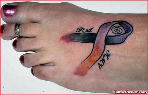 Colored Ribbon Cancer Tattoo On Girl Left Foot