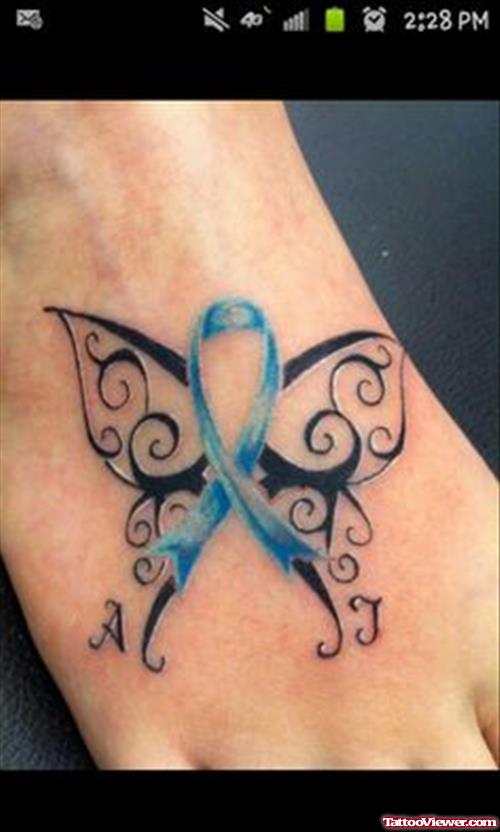 Butterfly Ribbon Cancer Tattoo On Right Foot