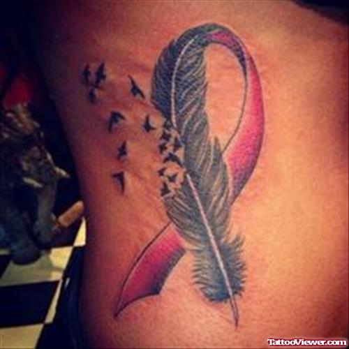 Flying Birds From Feather Ribbon Breast Cancer Tattoo