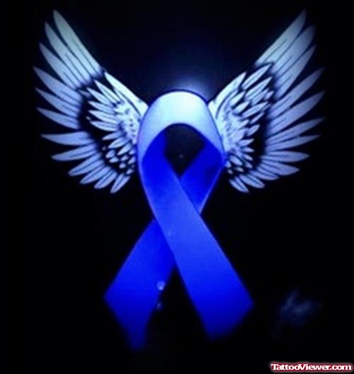Amazing Blue Ink Winged Ribbon Cancer Tattoo