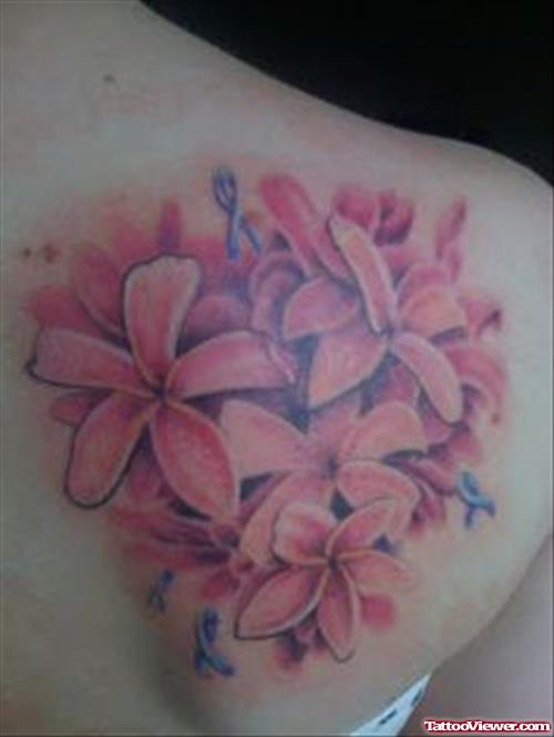 Color Flowers And Cancer Ribbon Tattoos On Back Shoulder