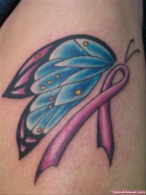 Butterfly Winged Ribbon Cancer Tattoo