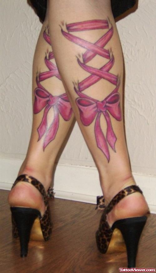 Corset Ribbon Cancer Tattoo On Back Legs
