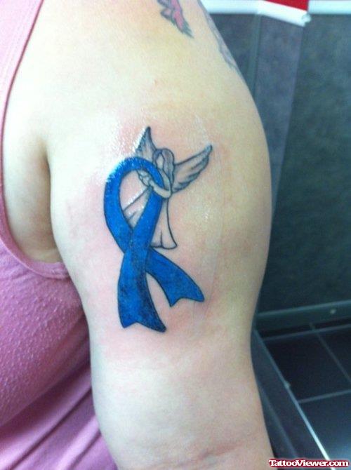 Blue Ink Ribbon And Cancer Tattoo On Shoulder