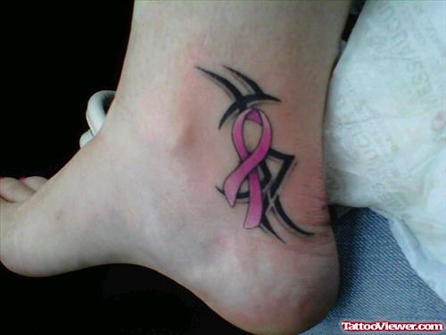Black Tribal And Pink Ribbon Cancer Tattoos On Ankle