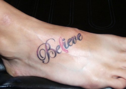 Believe Ribbon Cancer Tattoo on Right Foot
