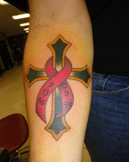 Cross And Ribbon Cancer Tattoo On Forearm