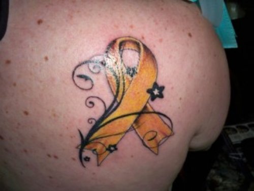 Yellow Ribbon Cancer Tattoo On Back Shoulder