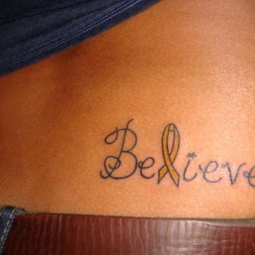 Believe Ribbon Cancer Tattoo On Lowerback