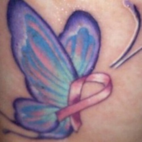 Beautiful Butterfly Winged Ribbon Cancer Tattoo