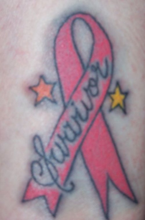 Stars And Survivor Ribbon Cancer Tattoo