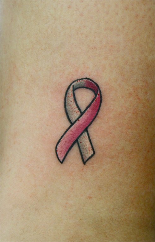 Pink And Grey Ink Cancer Ribbon Tattoo