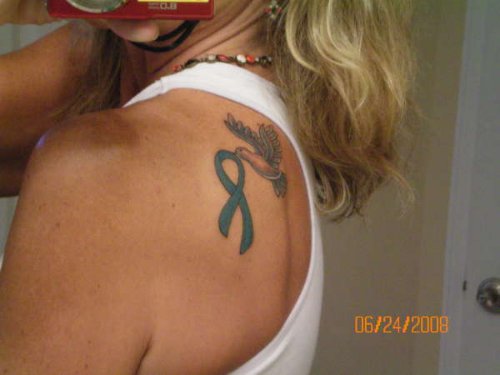 Flying Dove And Ribbon Cancer Tattoo On Back Shoulder