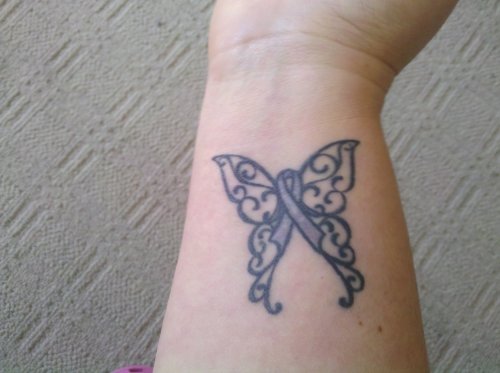 Grey Ink Butterfly Ribbon Cancer Tattoo