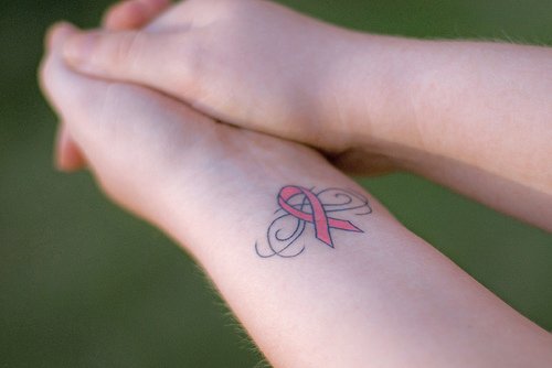 Pink Ribbon Cancer Tattoo On Left Forearm