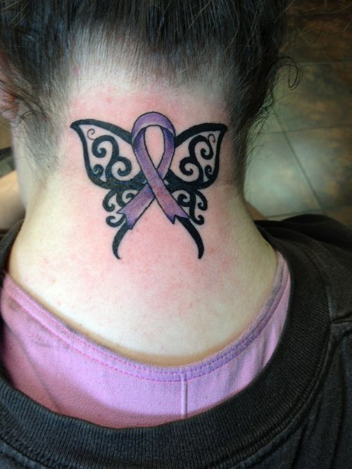 Black Tribal Butterfly And Cancer Tattoo on Nape