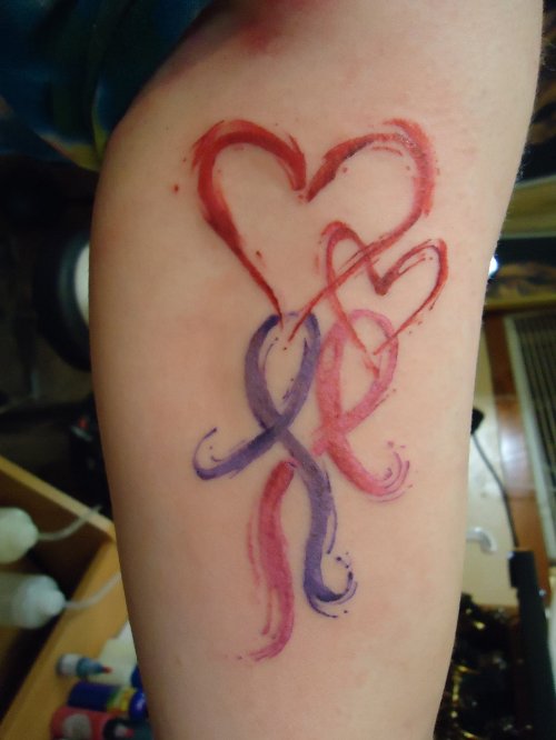 Red Heart And Ribbon Cancer Tattoos