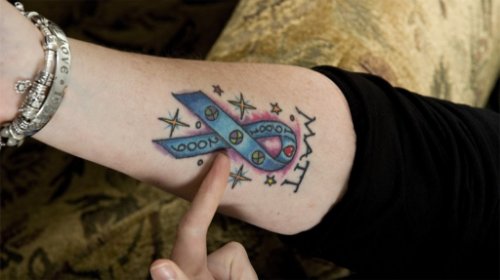Right Arm Blue Cancer Tattoo