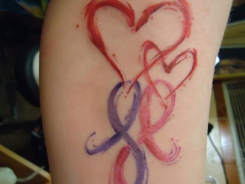 Red Hearts And Ribbon Cancer Tattoos