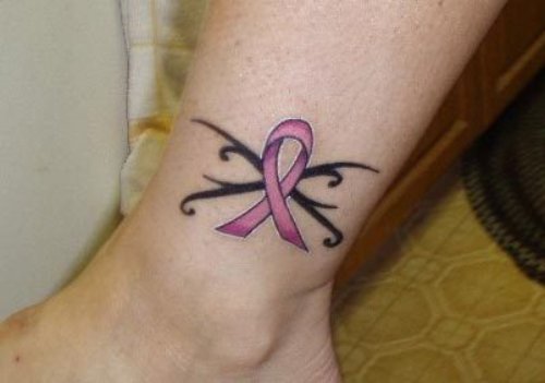 Black Tribal And Pink Ribbon Cancer Tattoo On Leg