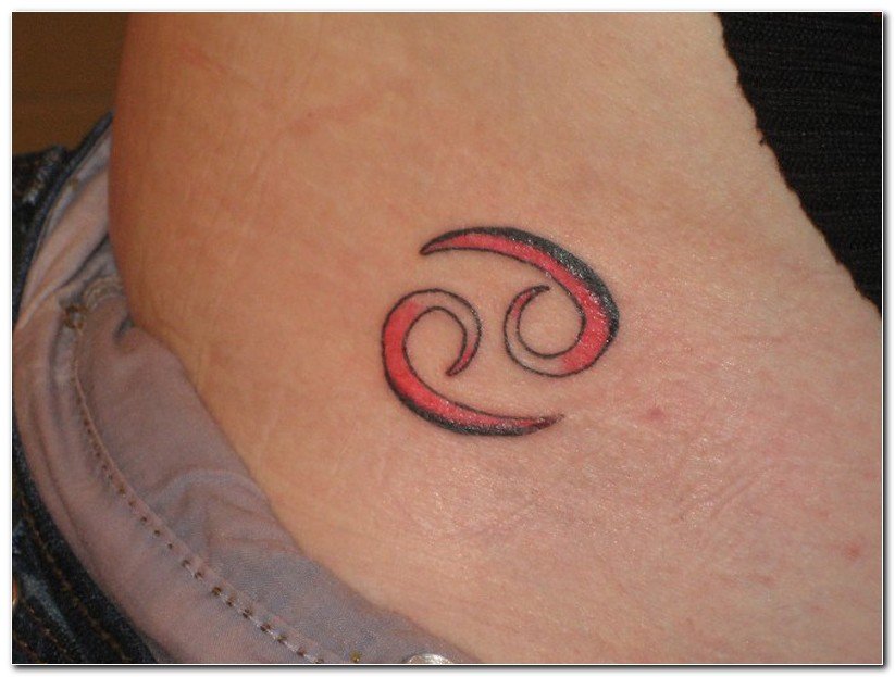 Red Ink Small Zodiac Cancer Tattoo On Side