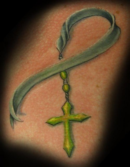 Cross And Ribbon Cancer Tattoo Design