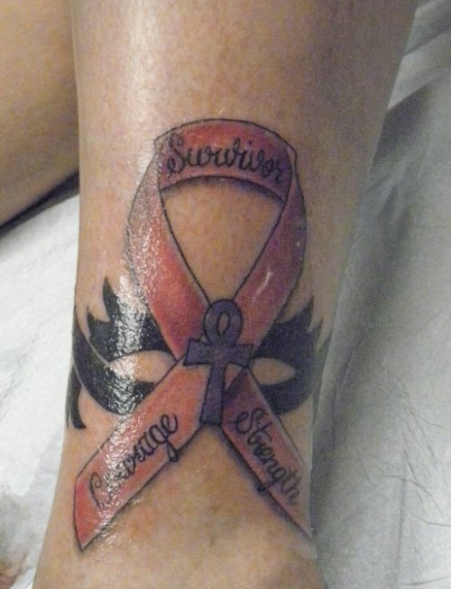 Breast Cancer Ribbon Tattoo On Leg