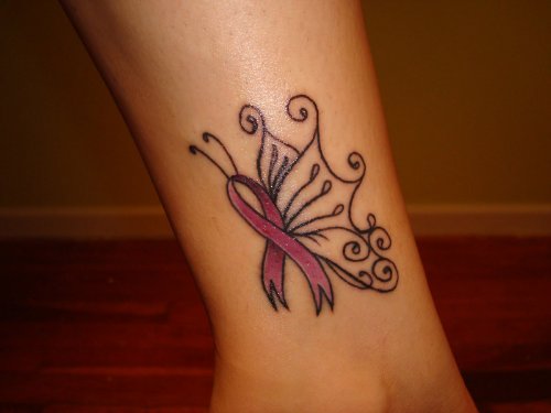 Butterfly Winged Ribbon Cancer Tattoo  On Leg